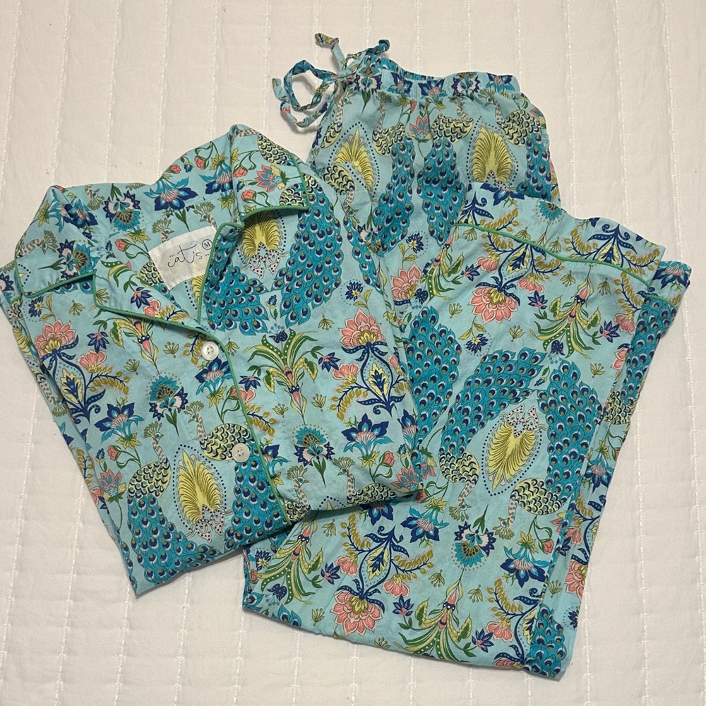 Blue Floral Peacock Pajama Set